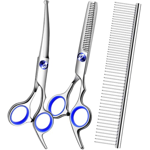 Dog Grooming Scissors Kit, Premium Stainless Steel Dog Shears with Curved Shears, Sharp Durable for Dogs Cats+Blue 3 Piece - color: Blue 3 Piece