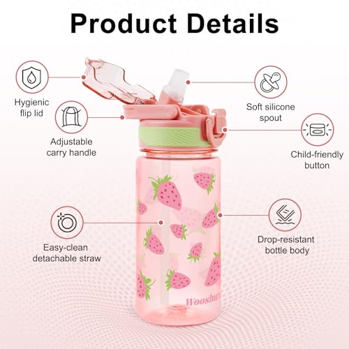 Kids Water Bottle for School, 16 Oz Plastic Water Bottle, 1 Pack | Silicone Spout, Pop-Up Cover, BPA Free & Dishwasher Safe, Strawberry - color: Strawberry, size: 16.2 Ounces