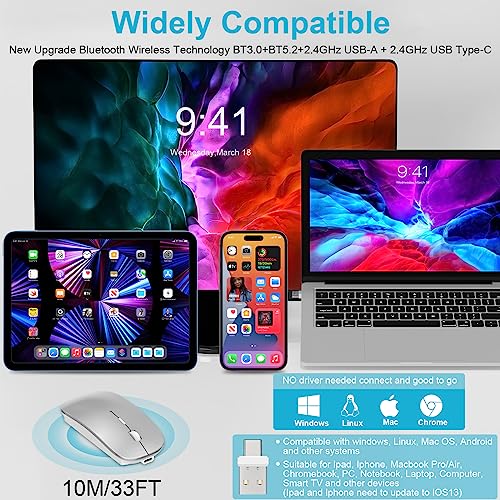 Mouse for MacBook Wireless Bluetooth Mice Laptop Mac Pro PC iPad Dual Mode | Wireless Bluetooth Rechargeable Silent Slim Optical Computer Mouse Bluetooth 5.2/3.0 and 2.4GHz USB Type-C Receiver Black - color: 2.Bluetooth Wireless Mouse (Black)
