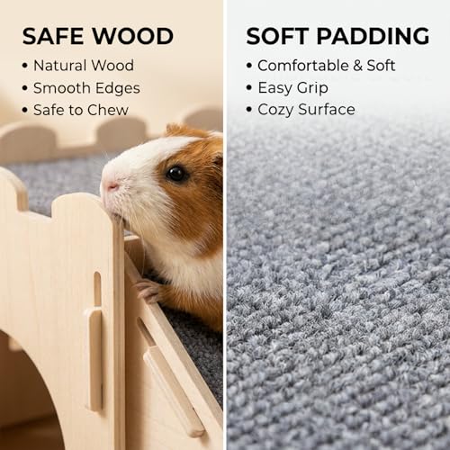 Ramp for Guinea Pig Cage, Wooden Bridge and Climbing Board | Slatted small-animal ramp with removable fabric grip for climbing or connecting compatible hideout houses - size: Small