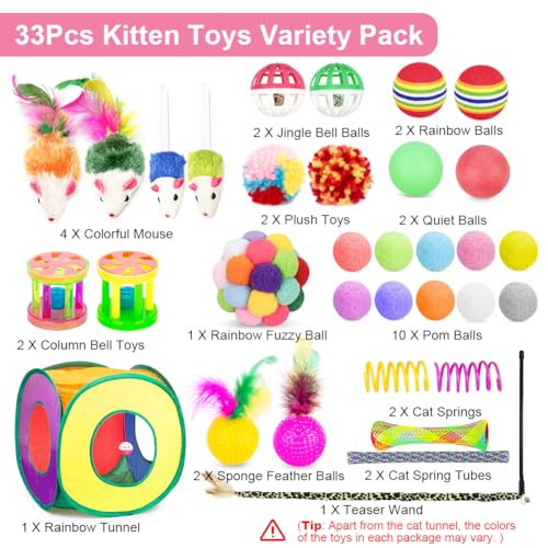 Retro Shaw 33 Pack Cat Toys, Interactive Kitten Toys for Indoor Cats | Collapsible Kitty Tunnel, Durable, Feather Teaser Wand Springs Balls Bell Mouse Kitten Hideaway Playhouse 15.7" - color: For cats less 12lbs