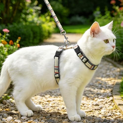 PUPTECK Adjustable Cat Harness and Leash Set Escape Proof Kitten Strap Collar for Walking Travel, Beige Plaid - color: Beige(Plaid), size: Small