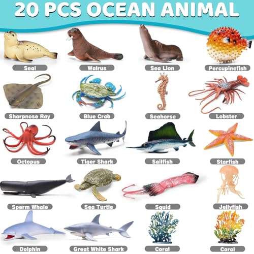 MOEAWS 20 Pcs Ocean Animal Toys withBooklet, Mini Sea Creature Figures | Plastic Sea Animal for Kids Age 3+, Birthday Gift, Ocean Theme Party Favor, Water Bath Toy for Toddler