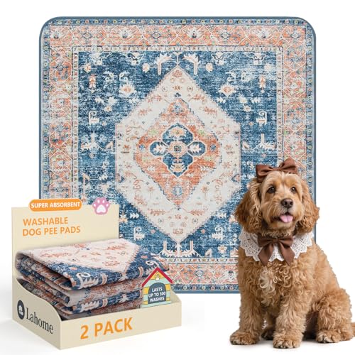 Lahome Super Absorbent Washable Pee Pads for Dogs - Secure Floor Protection - Non-Slip, Leakproof Reusable Pads for Training, Crates & Playpens (2 Pack, 36"x36", Beige Blue) - color: Beige Blue, size: 3FT x 3FT (Pack of 2)