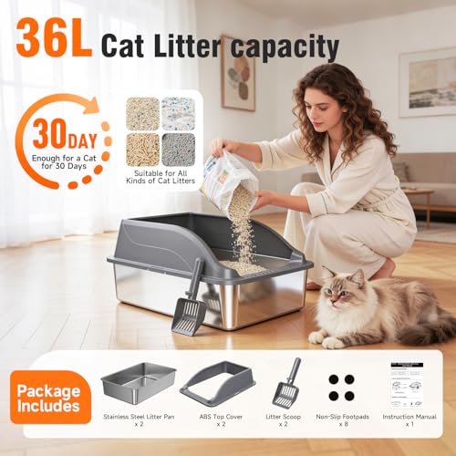 2PACK Stainless Steel Litter Boxes, Extra Large XL Odor Free Metal Litter Box with High Sides, Open Top Litter Pan Include Scoop Easy Cleaning Anti-Scratch Kitty Cat Box Anti-Urine Leakage, Non-Sticky - color: Dark Grey