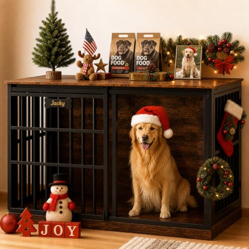 Petrova 47" Dog Crate Furniture with Name Tag, Heavy Duty Dog Kennel Indoor for Large/Medium Dogs, Wooden Dog Cage with Sliding Barn Door, Decorate House as TV Stand, End Table, Rustic Brown - color: Rustic Brown, size: 47.2"L x 27.9"W x 31.8"H