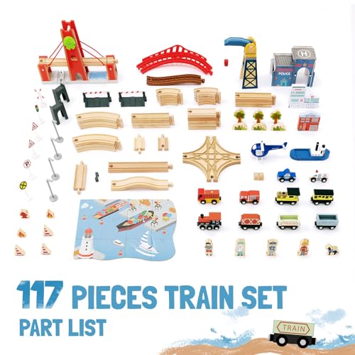 Giant bean 117 Pcs Busy Port City Wooden Train Set for Kids | Expandable & Changeable Wooden Train Track Set Toy, for Boys & Girls Ages 3-14 - color: 117pcs City Train Set