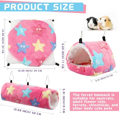 Abbylike 9 Pieces Rat Hammock 3 Tier Guinea Pig Ferret Hammocks Small Pet Hanging Tunnel Glider Toy Guinea Pig Ferret Hideout Bed Cage Accessories for Hamster (Green, Pink, Brown,Stars) - color: Green, Pink, Brown