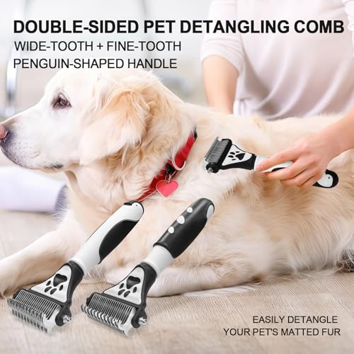 2-in-1 Fine&Wide Tooth Pet Dematting Comb for Dogs&Cats | Stainless Steel Blade,Penguin Handle,Deshedding Dog Brush,Undercoat Rake for Short&Long Haired Pet,Remove Loose Hair Tangles