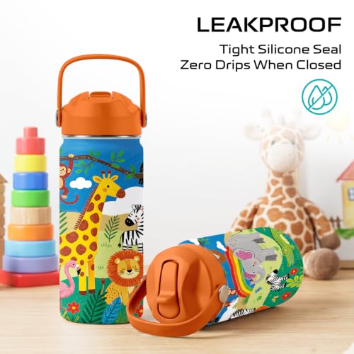 Cartoon Animal 16 oz Water Bottle with Straw –Kids Stainless Steel Vacuum Insulated Cup, Leakproof Straw Lid, Double-Wall Vacuum Travel Mug for Boys and Girls Outdoor Sports - color: Animal2