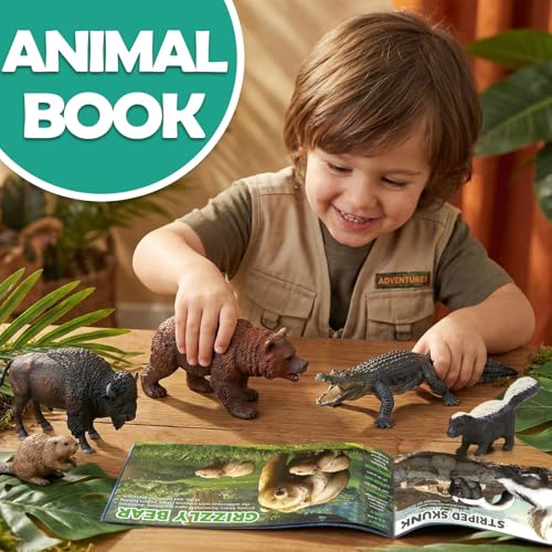 13 Pcs North American Forest Animal Figure Set with Educational Booklet | Realistic Plastic Animals Toy for Kids, Jungle Theme Party Favor, Cake Topper, Birthday Gift for Toddler Boy Girl