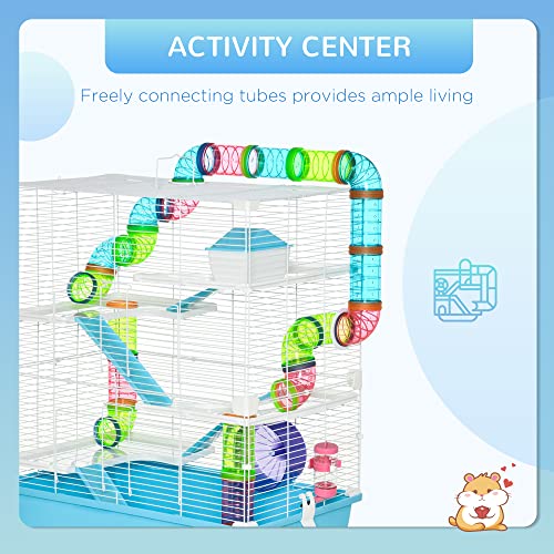 PawHut Extra Large 23" Hamster Cage with Tubes and Tunnels, Portable Carry Handles, Rat House and Habitats Big 5-Tier Design, Mouse Cage Includes Exercise Wheel, Water Bottle, Food Dish, Light Blue | Portable Carry Handles, Rat House and Habitats, Big 5-T