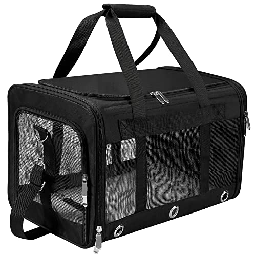 Soft Sided Cat/Dog Carrier,Collapsible Pets Travel Carriers for Pet/Puppy with Shoulder Strap & Removable Mat,Mesh Top Load Small Dogs/Cats Carry Bag Up to 17 Lbs TSA Airline Approved（Black,M） - size: 11.0"L x 11.0"W x 17.0"H