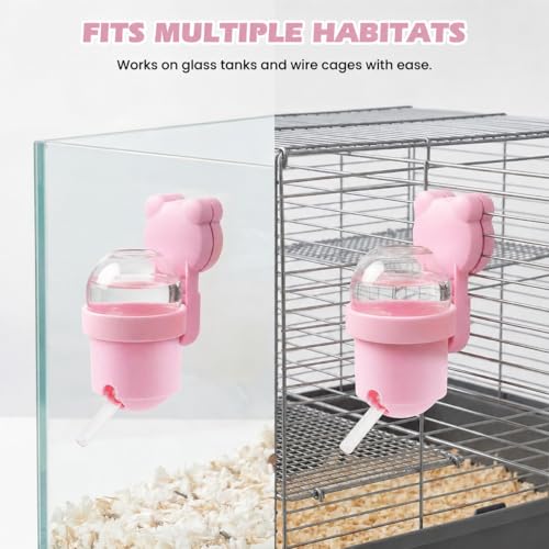 Magnetic Hamster Water Bottle, 3.7 oz Glass Small Pet Water Dispenser with Quiet Vacuum Nozzle, Drop-Resistant Holder for Cage or Glass Tank, for Hamsters, Gerbils and Mice(Pink)