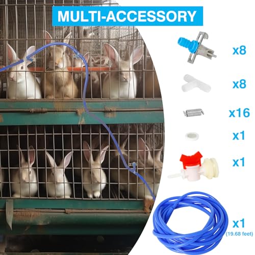 OCQOTAT Automatic Rabbit Watering System,Quail Rabbit Water Bottle Dispenser 8 Nipples Drinker,ID 5/16" Hose 19.68 Feets,Barb Fittings to G1/2" Thread,T-Fittings,Springs,Gaskets,Bucket Connector - color: Blue Rabbit Watering System Set