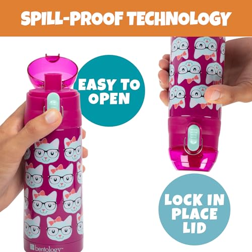 Bentology Stainless Steel 13 Oz Reusable Water Bottle for Kids, Kitty Cat | Double Wall Insulated, Spill Proof Lid W/Built-in Straw- Keep Liquids Hot or Cold- Easily Fits in Lunch Boxes & Bags - color: Kitty Cat