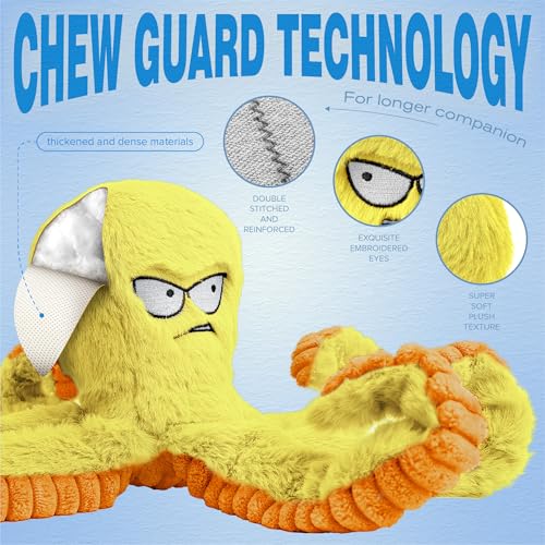 LEGEND SANDY Tough Dog Toys, Squeaky Large Dog Toy, Stuffed Puppy Chew Toys | Soft Fabric, Interactive Daily Companionship, Tug of War Doggie Toy, Training Reward, Crinkle Yellow Octopus - color: Yellow Octopus