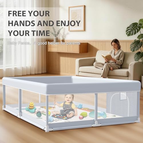 XVISHX Baby Playpen with Mat, 65 x 50 Inch Play Pen Playards, Playpen for Babies and Toddlers, Baby Playard for Indoor & Outdoor Active Center Game Fence, Skin-Friendly Fabric and Soft Breathable Mesh - color: Grey, size: 65 × 50 Inch + Mat