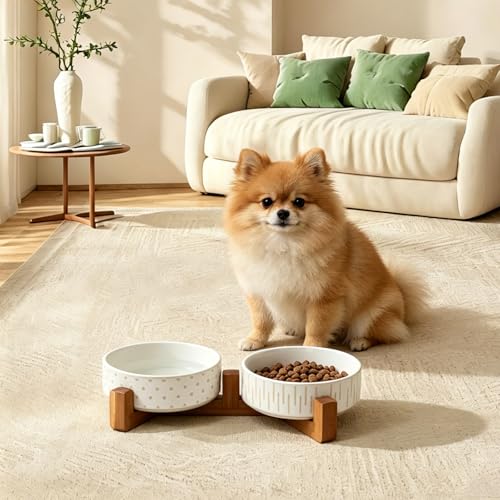 Ceramic Dog Bowl Set with Acacia Wood Stand, Ceramic Pet Bowls | 1.5–2 Cups Food & 15oz Water, Lead-Free, Smooth Glaze with Non-Slip Base for Cats and Small Dogs
