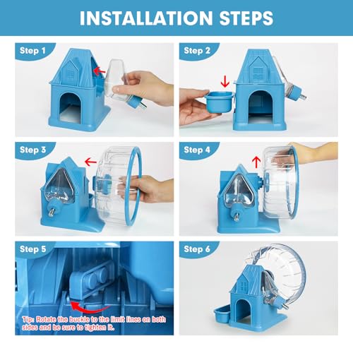 Vannon 4 in 1 Quiet Hamster Exercise Wheel, Multi Functional Hamster House with Running Wheel, Water Bottle, Food Bowl and Hideout, Small Animals Exercise Running Toys for Hamsters Gerbils Mice, Blue - color: Blue