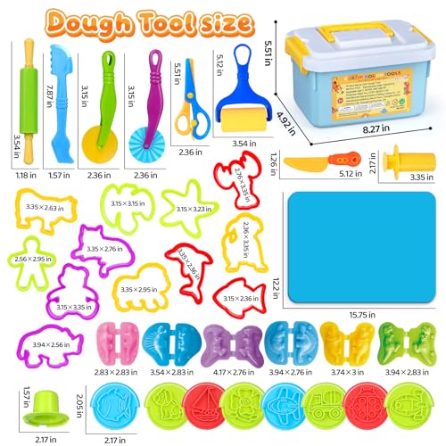 VConejo Dough Tools Play Sets for Kids, 37pcs Clay and Dough Accessories with Storage Container, Mat, Cutters, Rolling Pins, Safety Scissors, Stamps, Animal and 3D Dino Makers for Boys Girls