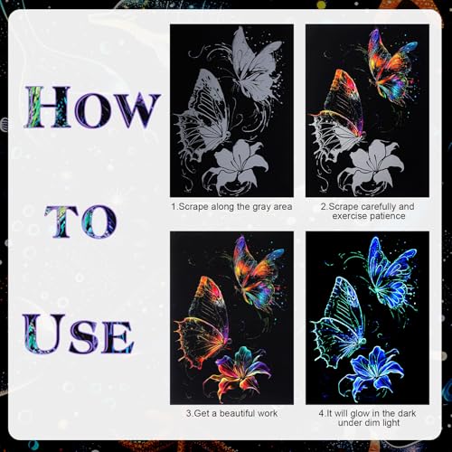 Gersoniel 8 Pack Dark Scratch Glow Art Adults Butterfly,Whale | Noctilucent Rainbow Engraving Sheets Reveal Vibrant Colors, Includes Wooden Stylus and Cleaning Brush for DIY Crafts - color: Hummingbird，butterfly