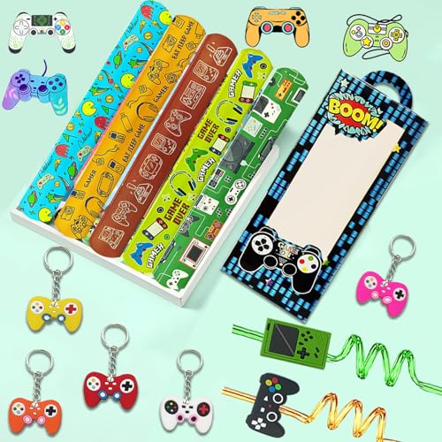 110PCS Video Game Party Favors, Gamer Goodie Bag Stuffers and Supplies | 110PCS video game party favors with boxes, keychains, wristbands, reusable straws, slap bracelets and 50 gaming stickers. - style: Video Game