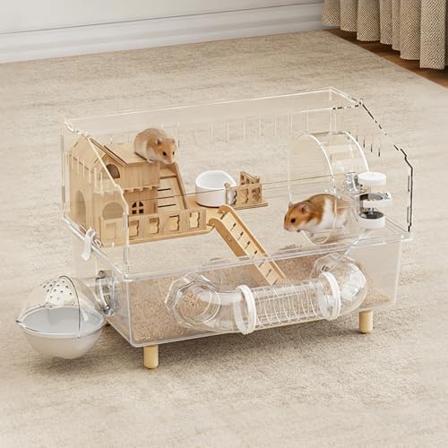 8-in-1 Acrylic Hamster Cage with All Accessories, 18.5"x11.8"x14.6" 2-Layer Full Transparent Viewing House, Top-Open Habitat for Dwarf Hamsters, Pet Mice & Gerbils