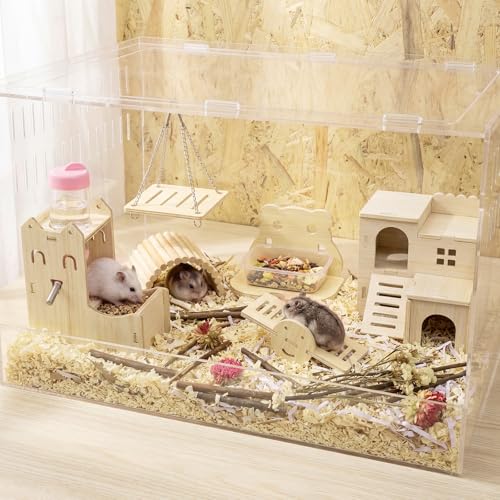 BreezeHug 6 Pcs Hamster Wooden Hideouts Hamster Houses Feeder and Waterer Chinchillas Chew Cage Accessories Activity Enrichment for Rats Gerbils Small Animals Habitat - style: Classic