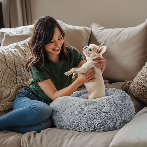 28in Large Dog Bed, Medium Size Dog and Cats, Calming Donut Bed for Puppy and Kitten, Washable Round Fluffy Pet Bed (Light Grey) - color: Light Grey, size: 28.0"L x 28.0"W x 8.0"Th