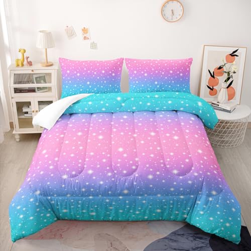 Nttopship Colorful Rainbow Comforter Set - Full Size for Girls, Pink Blue Gradient Comforter and 2 Pillowcases - color: Colorful Rainbow, size: Full