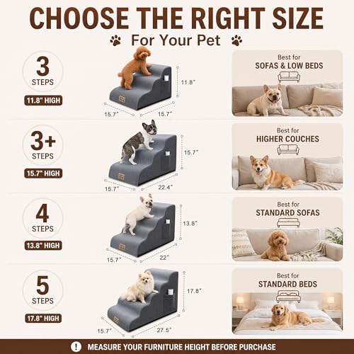 Mini 3-Step Dog Stairs for Small Dogs & Cats, 11.8" H Non-Slip Pet Steps with Side Storage Pocket, Sturdy High Density Foam Dog Ramp for Sofa, Couch & Chair, Washable Cover, Grey - size: Round-11.3"H