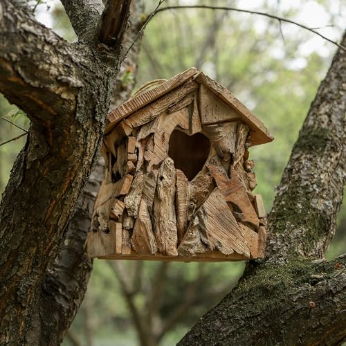 Wood Bird House Squirrel House with 2.36" Heart-Shaped Entry & Hanging Rope, Artistic Cottage-Style Outdoor Bird Feeder Garden Decoration - style: Heart-Shape Entry Hole