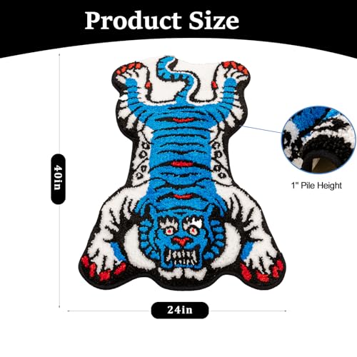 Tibetan Tiger Rug, Blue Tiger Bath Mat Fun Animal Bathroom Rug | 24 x 40 In, Soft Plush Pile, Non-Slip Backing, Washable, Irregular Shape, Bedroom and Living Room Floor Accent - color: Blue