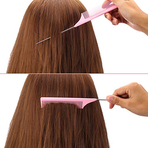 Leinuosen 3 Pack 9 Inch Rat Tail Comb with Metal Pick, Carbon Fiber,Pink | Heat Resistant Styling, Lightweight Sectioning, Fine Tooth for Precise Parting, Teasing Tool for Wigs and Women Haircare - color: Pink