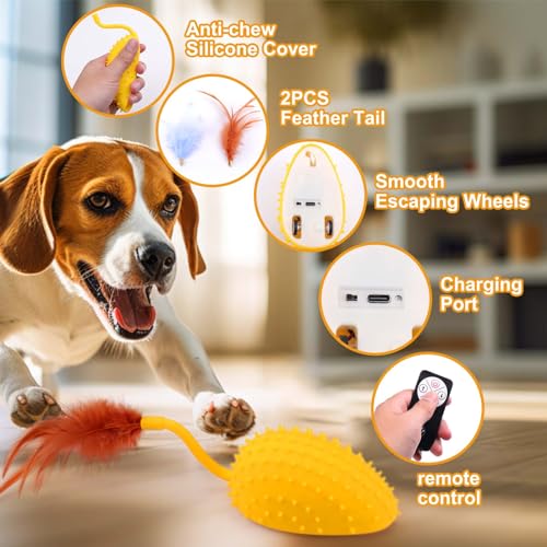 Silicone Interactive Dog Toys, Mouse Moving Dog Toy with Automatic Sensor | Dog Mouse Toy with Sound & Feather Tail, Automatic Dog Toy for Cats Dogs Pet, Squeaky Dog Toys Remote Control Yellow - color: Lemon Yellow