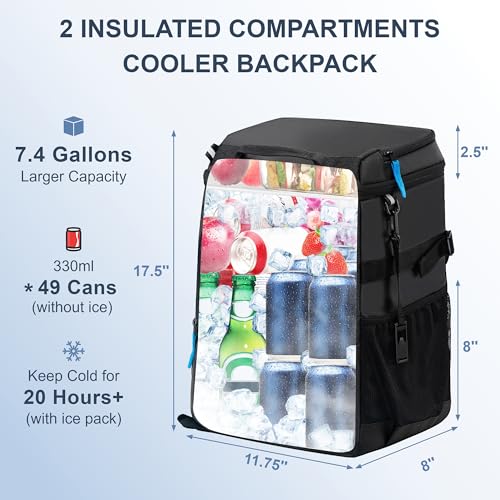 SPARTER Backpack Cooler Insulated Leak Proof 33/49 Cans, 2 Insulated Compartments Thermal Bag, Portable Lightweight Beach Travel Camping Lunch Backpack for Men and Women - color: Black, size: 49 Can