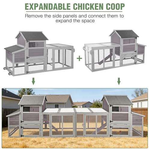 Mobile Chicken Coop with Wheels for 4-6 Chickens, Large Wooden Hen House Duck Cage with Run, Nesting Box, Easy Clean Pull-Out Tray, Waterproof Asphalt Roof - Grey, 78" L x 27.6" W x 45" H - size: 78.0"L x 27.6"W x 45.0"H