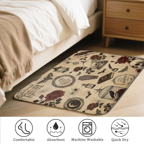 JAWO Gothic Halloween Bath Mat, Vintage Skull Red Rose Crow Bat Spider Web Print, Retro Horror Non-Slip Absorbent Floor Mat, Haunted Home Decor 17X48 - color: Beige, size: 17.00" X 48.00"