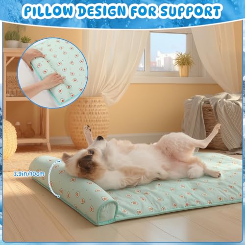 DoubleFill 4 Pack Cooling Pet Mats 15.7" x 23.6" Cooling Dog Beds with Supportive Pillow Self Ice Washable Cool Pads Summer Cat Sleeping Pad with Storage Bag for Summer Crate Floor (Small, Green) - size: Small, style: Green