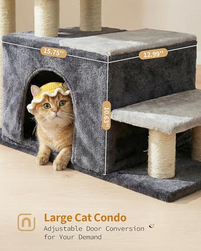 Aechonow 4-Tier Cat Stairs for High Bed with 22'' Cat Scratching Post | Pet Steps for Doggies Rabbit Ferret, Adjustable Cat Cave, Grey, Extra Large - size: Extra Large-Gray