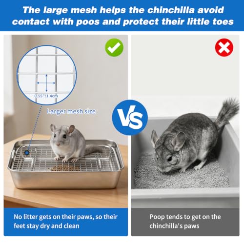 Chinchilla Litter Box with Grid, Stainless Steel Tray, Potty Trainer | 304 Stainless Steel Tray, 0.55 in Grid Separates Droppings, Chew-Resistant Build, Easy Rinse Clean, Odor-Resistant Surface