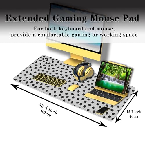 Big Gaming Mouse Pad - Black/White Desk Pad, Large Non-Slip Rubber Base Waterproof with Stitched Edges, 35.4 X 15.7 inch for Work/Game/Home - color: Polka Dots,Brush Strokes Dots