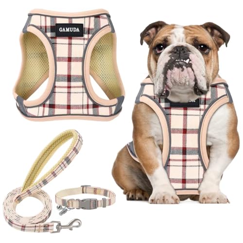 GAMUDA Small Dog Harness Collar and Leash Set, Step in No Chock No Pull Soft Mesh Adjustable Dog Vest Harnesses Plaid Reflective for Dogs Puppy Cats Kitten Rabbit (Beige, L) - color: Beige Red, size: L