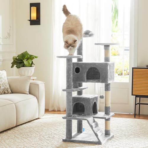 Sweetcrispy 54-Inch Cat Tree Tower – Multi-Level with Sisal Scratching Post, Perfect Pet Gift, Indoor Condo with Climbing Ladder, Plush Toy, and More Animal Stuff, Light Grey | Multi-Level with Indoor Cat Condo with Climbing Ladder, Plush Toy, Play House