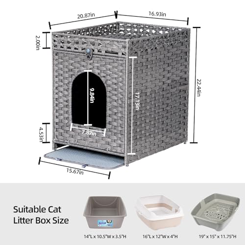 Snughome Cat Litter Box Enclosure Furniture Hidden with Cat Litter Mat, Hidden Cat Washroom Furniture with Door, Handwoven Rattan Cat Washroom Box, Indoor Pet House for Living Room, Bedroom(Grey) - color: Grey