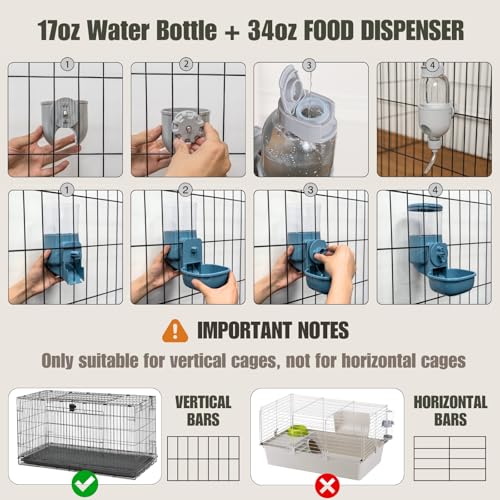Automatic Pet Food Water Dispenser, Auto Gravity Pet Feeder Water Bottle Set for Crate Cage for Puppy Cat Rabbit Guinea Pigs Chinchilla Ferret Hedgehog (Grey) - color: Grey