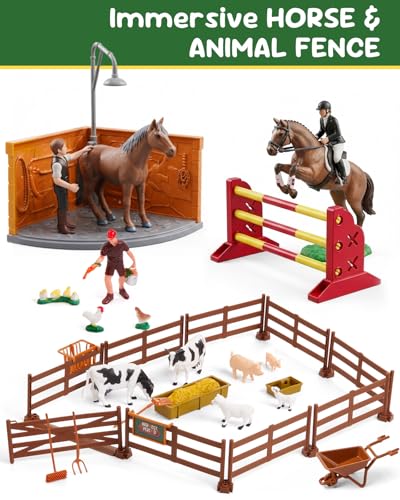 Gleamkid Farm Animals Toys for Kids: 5 in 1 Animal Farm Barn Toy, Tractor Trailer Set with Light & Sound, Washing Horse Stable, Animal Figurines, Training Horse Playset for Toddlers Boys Girl Ages 3+