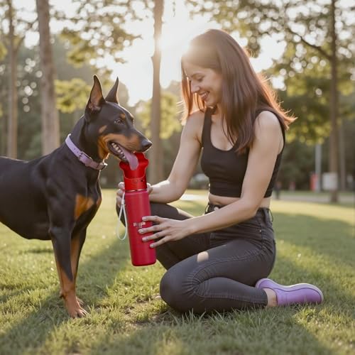 Stainless Steel Dog Travel Water Bottle, Vacuum Insulated Portable Dog Water Dispenser, Drink Cup and Snack Container On The Go, Outdoor Walking, Hiking, Travel (Red, 22oz) - color: Red