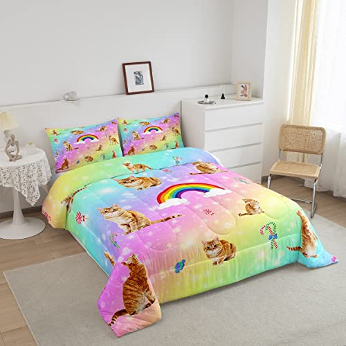 Erosebridal Cat Comforter Set, Starry Sky Bedding Set Queen for Girls Kids Boys Bedroom Decor, Rainbow Galaxy Down Comforter, Soft Breathable Microfiber Quilted Comforter with 2 Matching Pillowcases - color: Multi 38, size: Queen